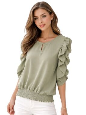 Blousology women's 3/4 ruched sleeves blouse size S/M sage green